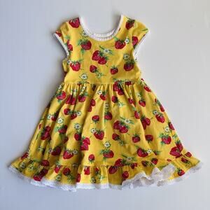 Eleanor Rose Strawberry Twirl Dress Girls Size 4-5 Lace Hem Yellow Red